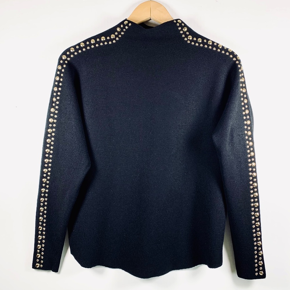 Women’s Black mock neck gold-tone studded long sleeve pullover sweater blouse